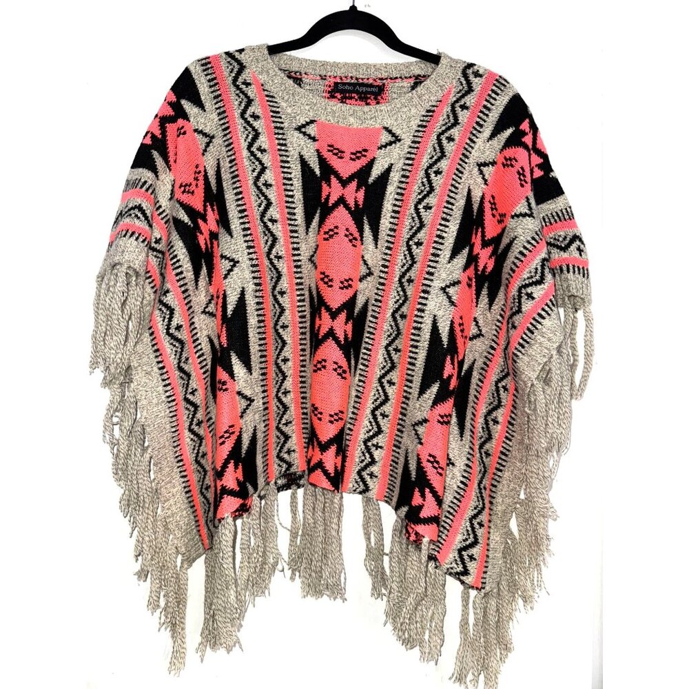Soho Apparels S Geometric Aztec Knit Poncho With Fringe In Coral & Black